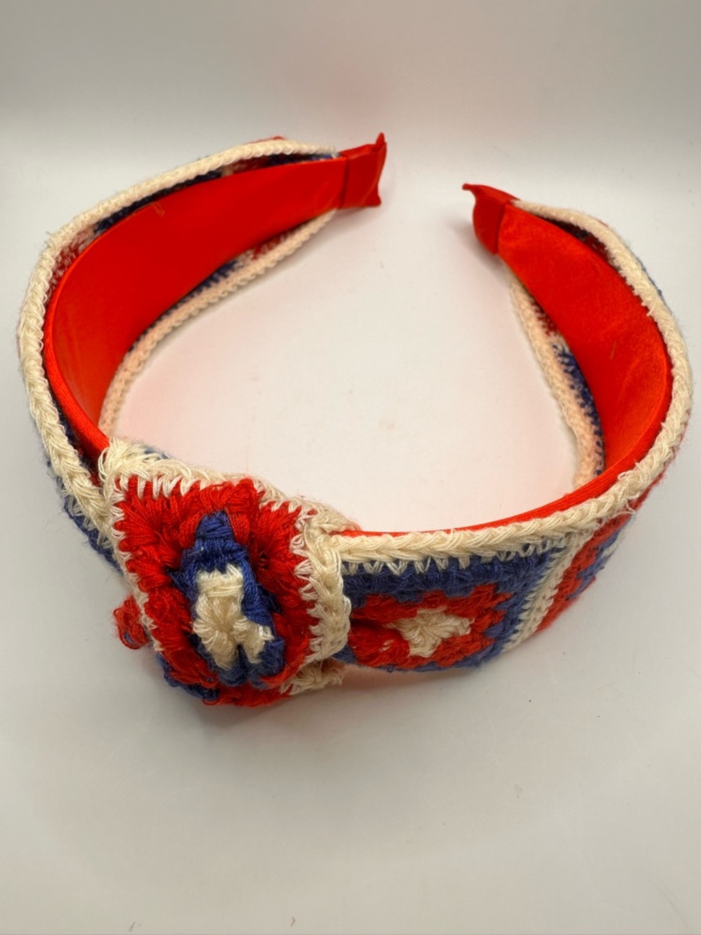 Handmade Crochet Headband Red White Blue Boho Knit Hair Band